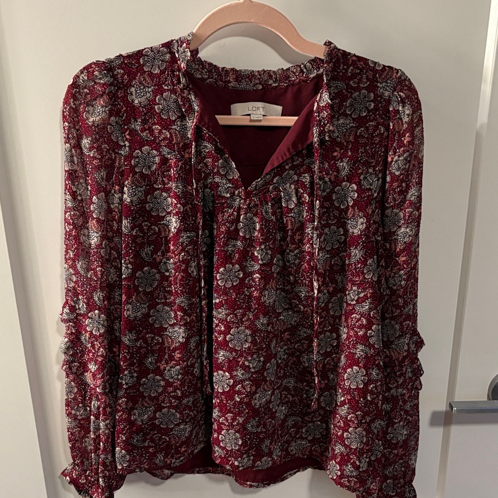 LOFT Burgundy and Gray Floral Blouse